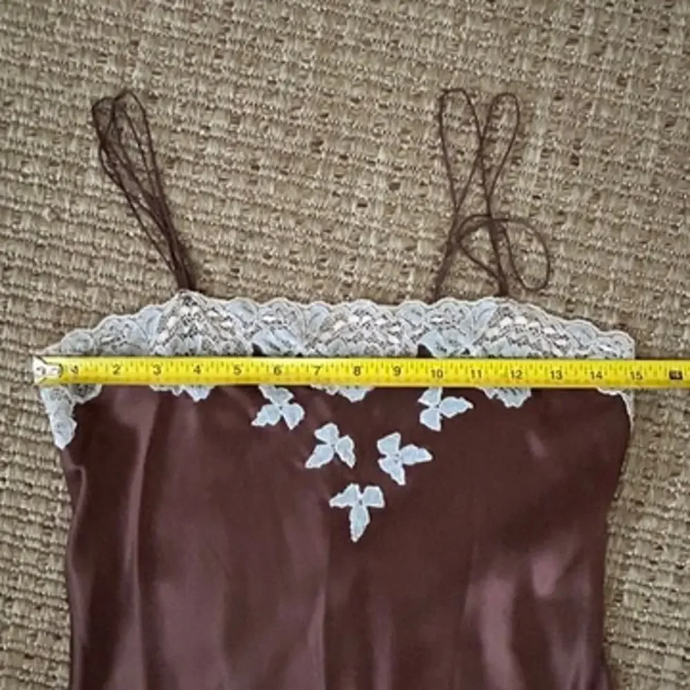 Vintage Silk Lace Trim Negligee Chemise Brown Powder Blue Small - Picture 7 of 8